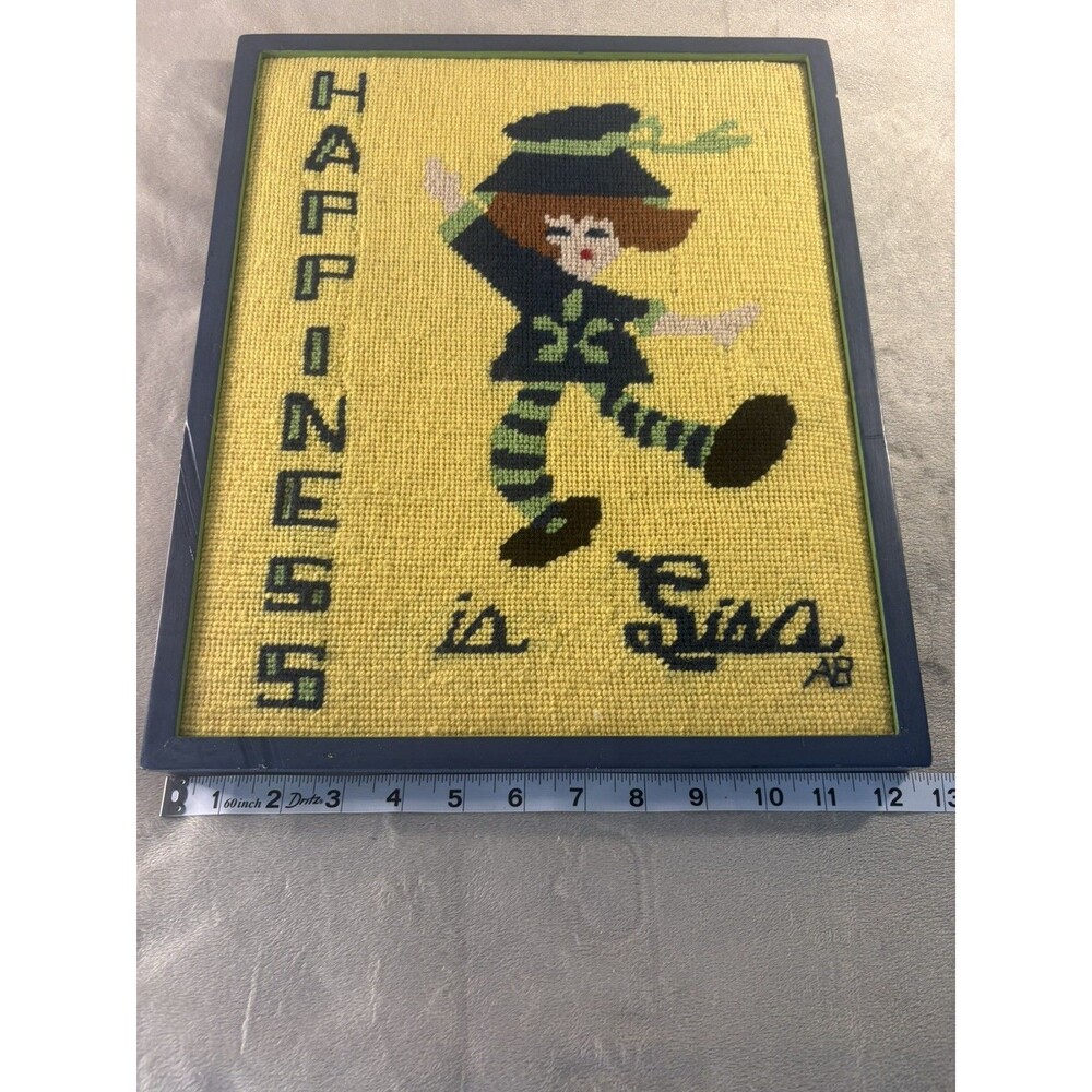 Vintage 12" x 15" Framed Needle Point Picture Happiness yellow